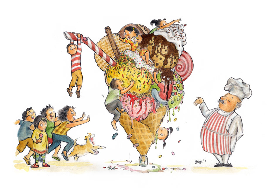 Children and a dog going crazy over a gigantic ice cream cone. Watercolour illustration by Divya George.