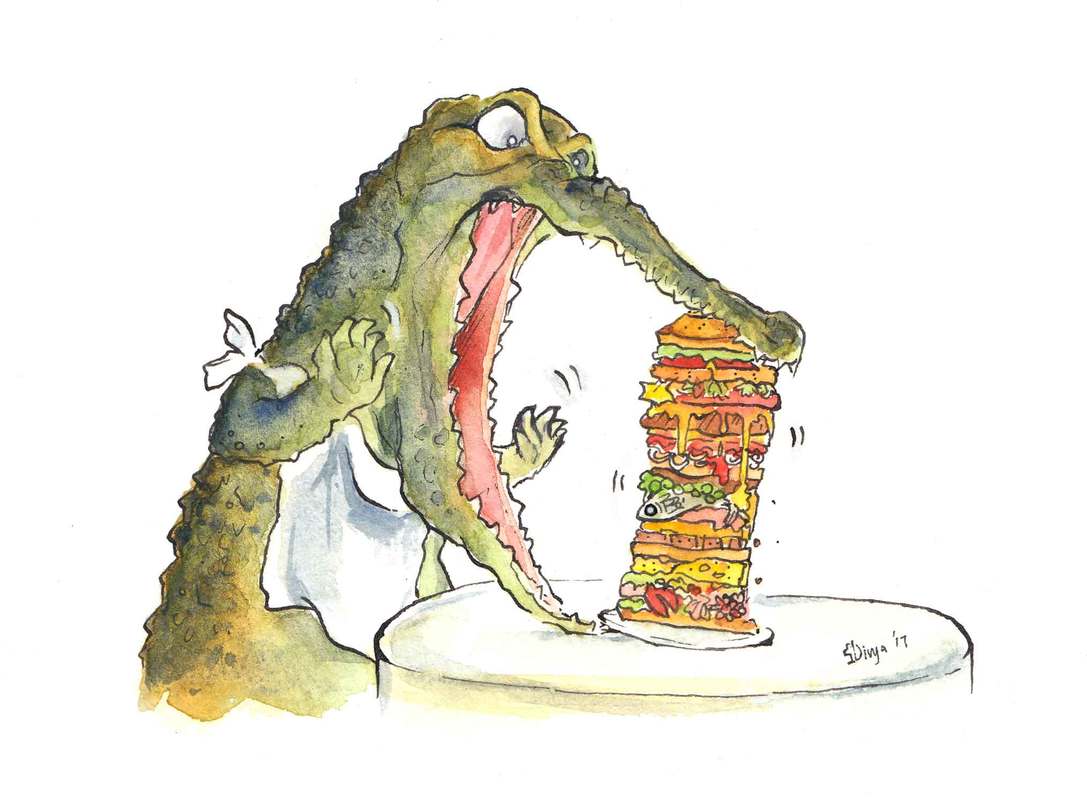 A hungry angry croc can't get his jaws around this huge sandwich! Watercolour illustration by Divya George.