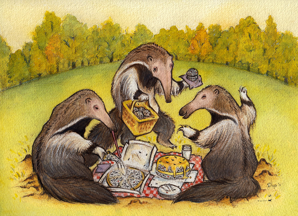 Anteaters feast on ants at a picnic