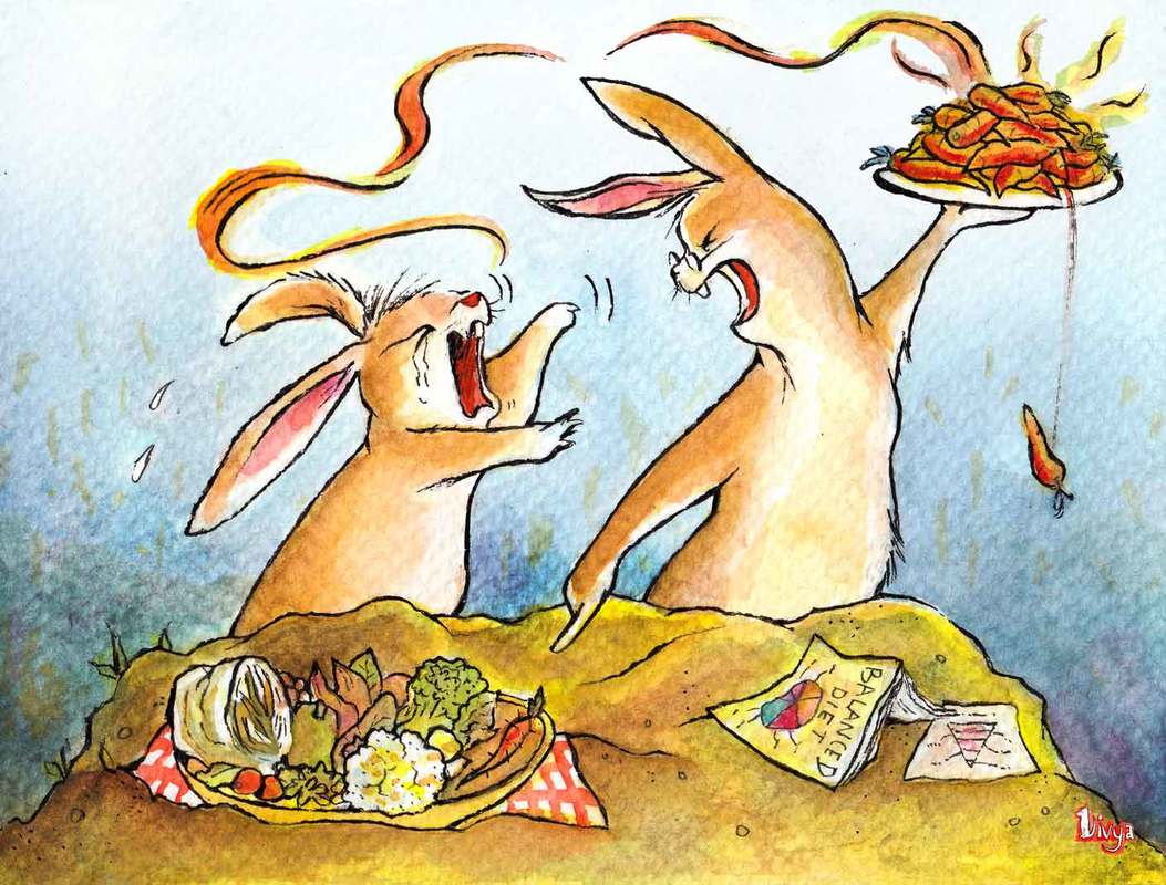 Bunny rabbit being told to eat a balanced diet instead of just carrots. Fun animal illustration in watercolour by Divya George.
