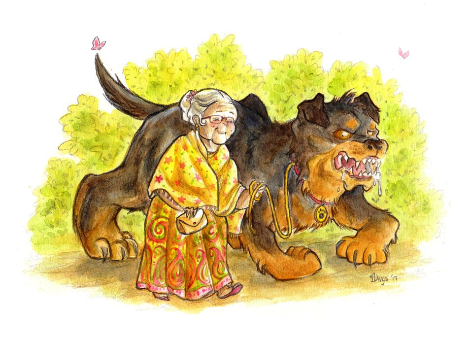 A Sweet Old Lady walking her large Ferocious Dog. Watercolour illustration by Divya George.