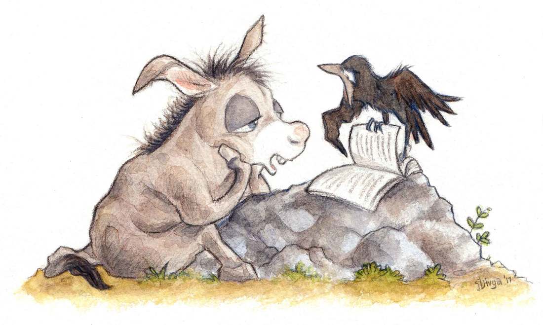Crow tries to teach donkey but donkey finds it boring. Watercolour illustration by Divya George.
