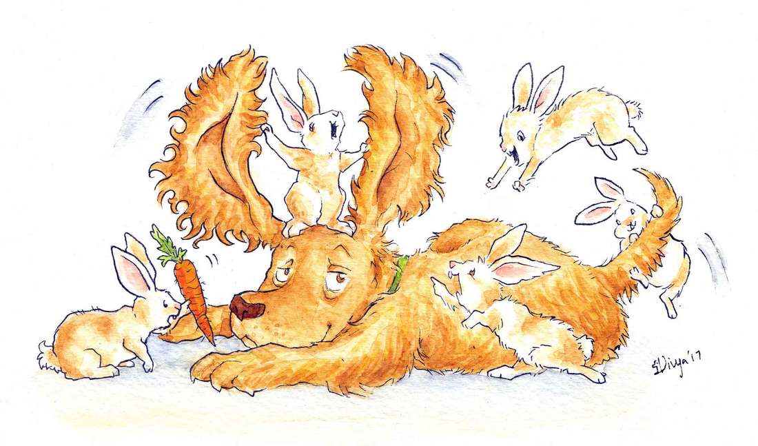 Some bunny rabbits play around with a dog because they think he looks like them with his long ears. Watercolour illustration by Divya George.