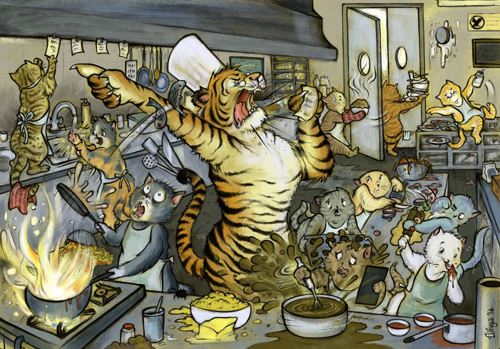 An angry tiger chef orders his cat cooks around in the kitchen while they make a mess of things. Digital illustration by Divya George.