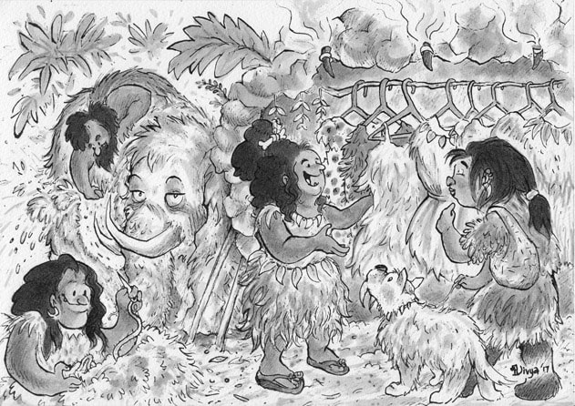 Cavepeople making clothes and selling in a shop. Ink illustration by Divya George.