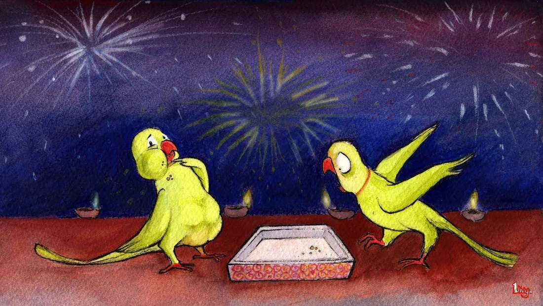 A parrot seems to have eaten all the diwali sweets. Fun watercolour diwali illustration by Divya George.