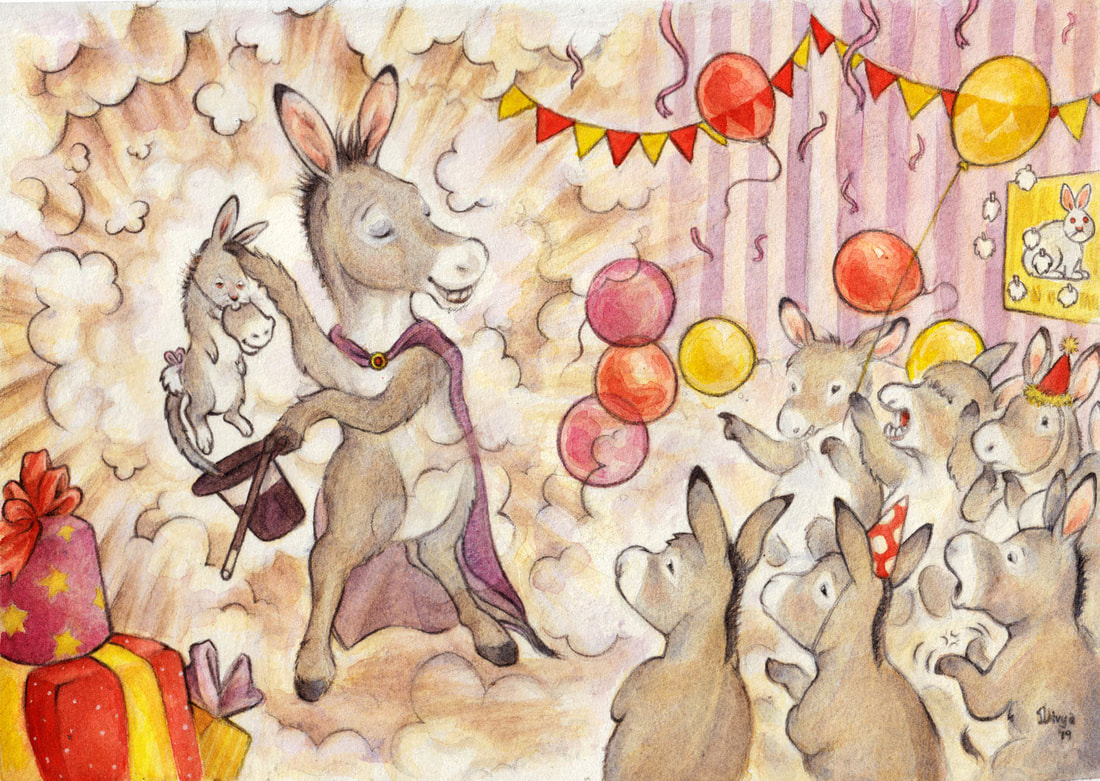 A donkey pulls a rabbit that looks like a donkey out of a hat at a children's party. Fun animal watercolour illustration by Divya George.