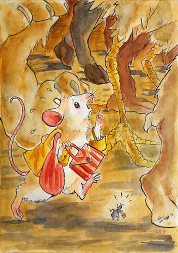A mouse in a rush about to step on an insect and about to be stepped on himself. Watercolour illustration by Divya George.