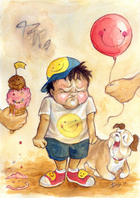 A young boy is frowning and upset though there are are smiles around him. Watercolour illustration by Divya George.