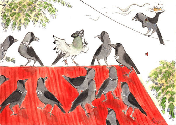 A pigeon tries to mask itself and intrude onto a party of crows. Illustration by Divya George.