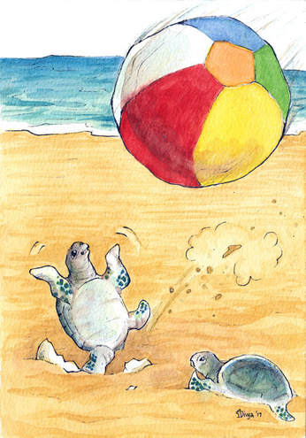 A newly hatched baby turtle tries to play with a huge beachball at the beach. Watercolour illustration by Divya George.