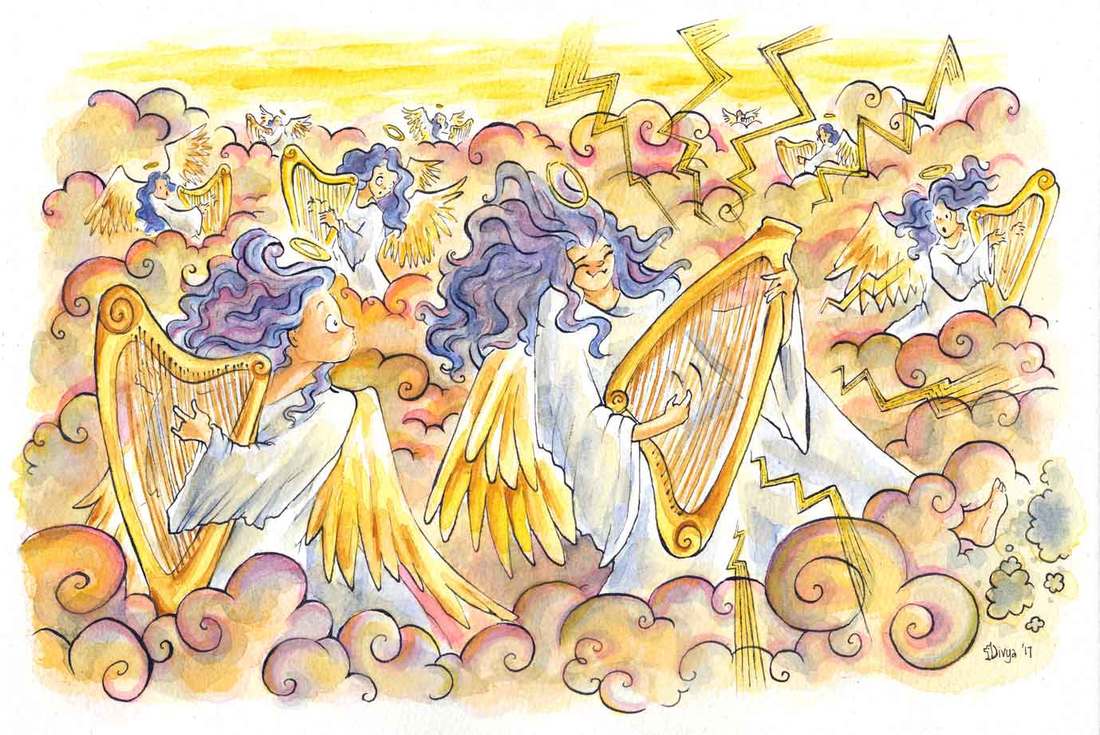 Angels in heaven playing harps are in shock when one of them turns a rocker. Watercolour illustration by Divya George.