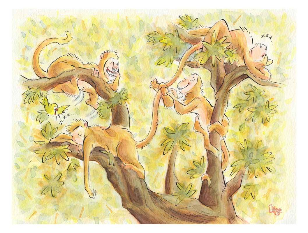 Monkeys are playing a trick on their sleeping companions. Fun Watercolour Animal illustration by Divya George.