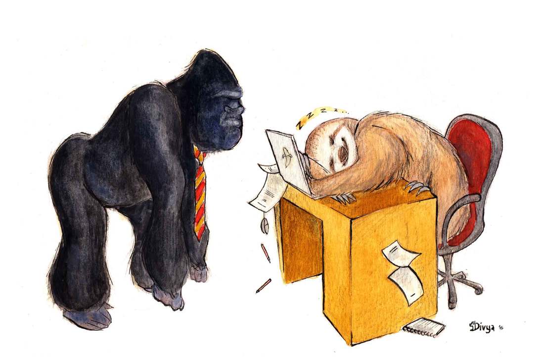 Angry ape and sloth slacking off. Fun animal illustration by Divya George.