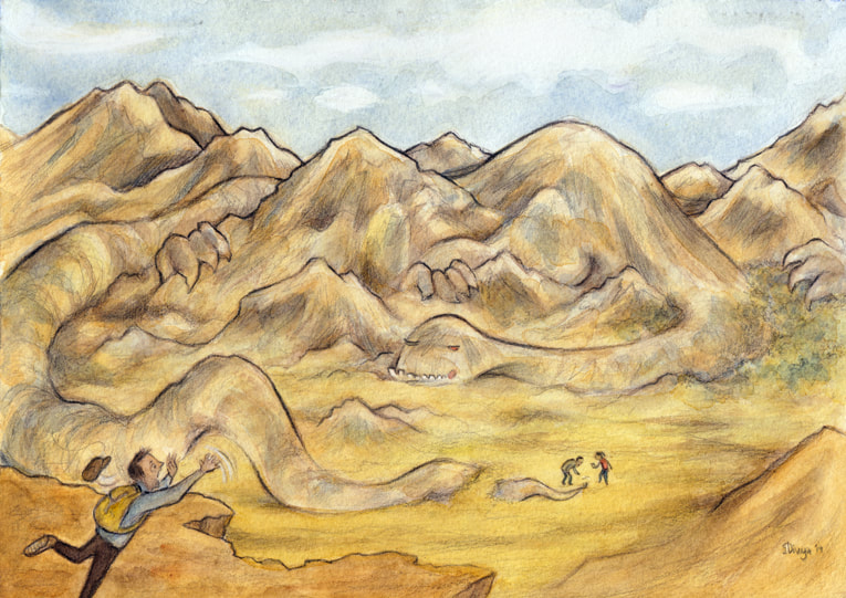 A mountain monster camouflaged amongst the mountains. Watercolour illustration by Divya George.