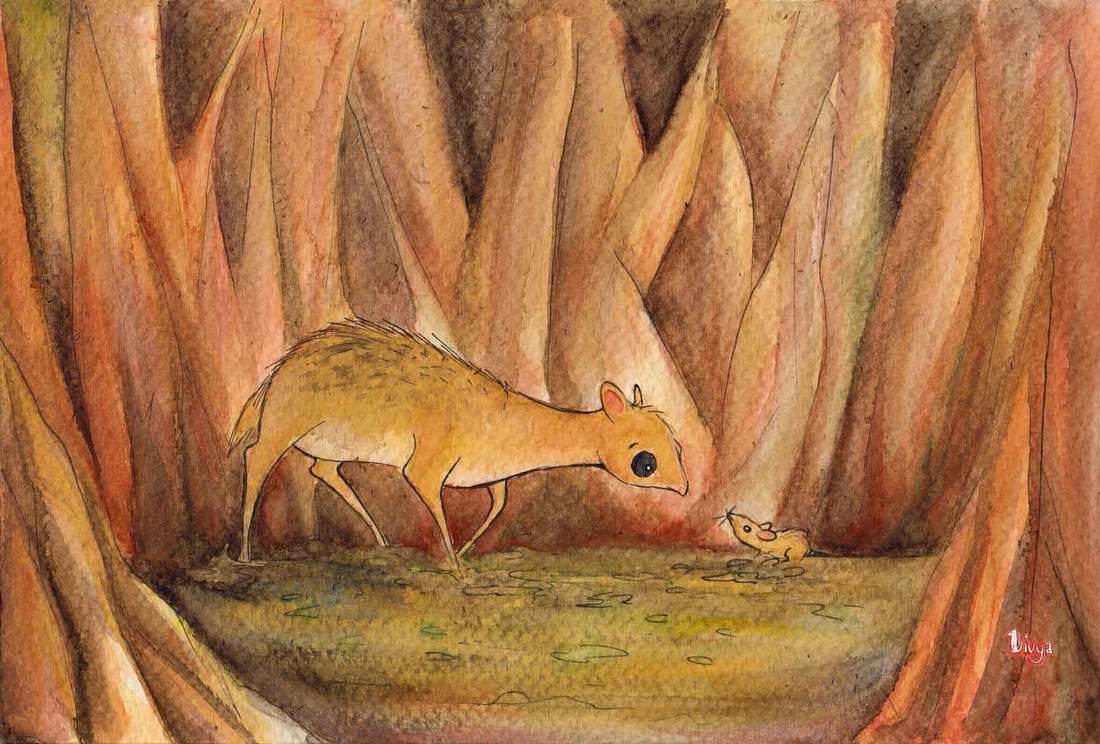 A mouse and a mouse deer. Watercolour animal illustration by Divya George.