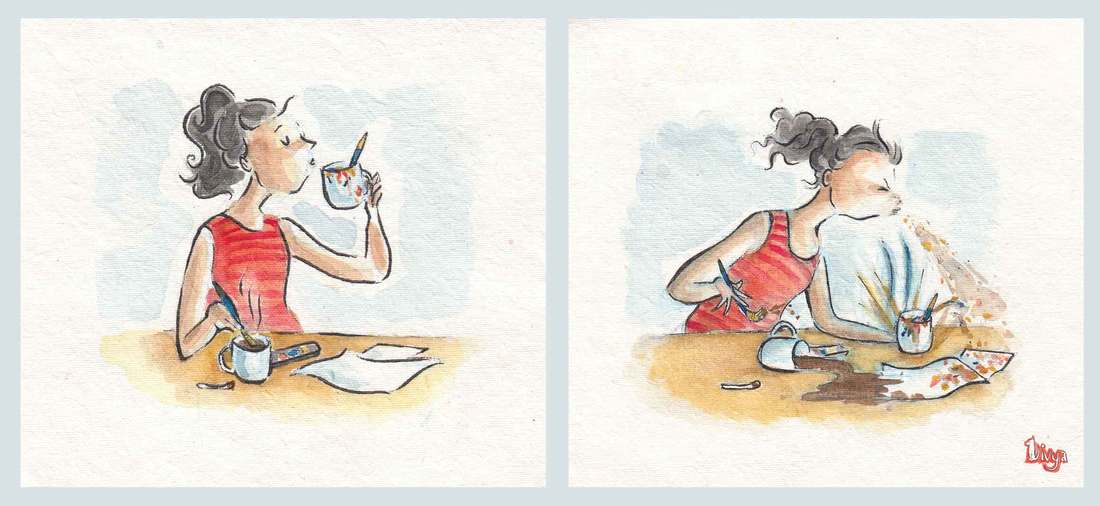 Watercolour Illustration. Diptych. Girl Painting, dipping brush into coffee tea and spitting out muddy water. Fun watercolour ilustration by Divya George.