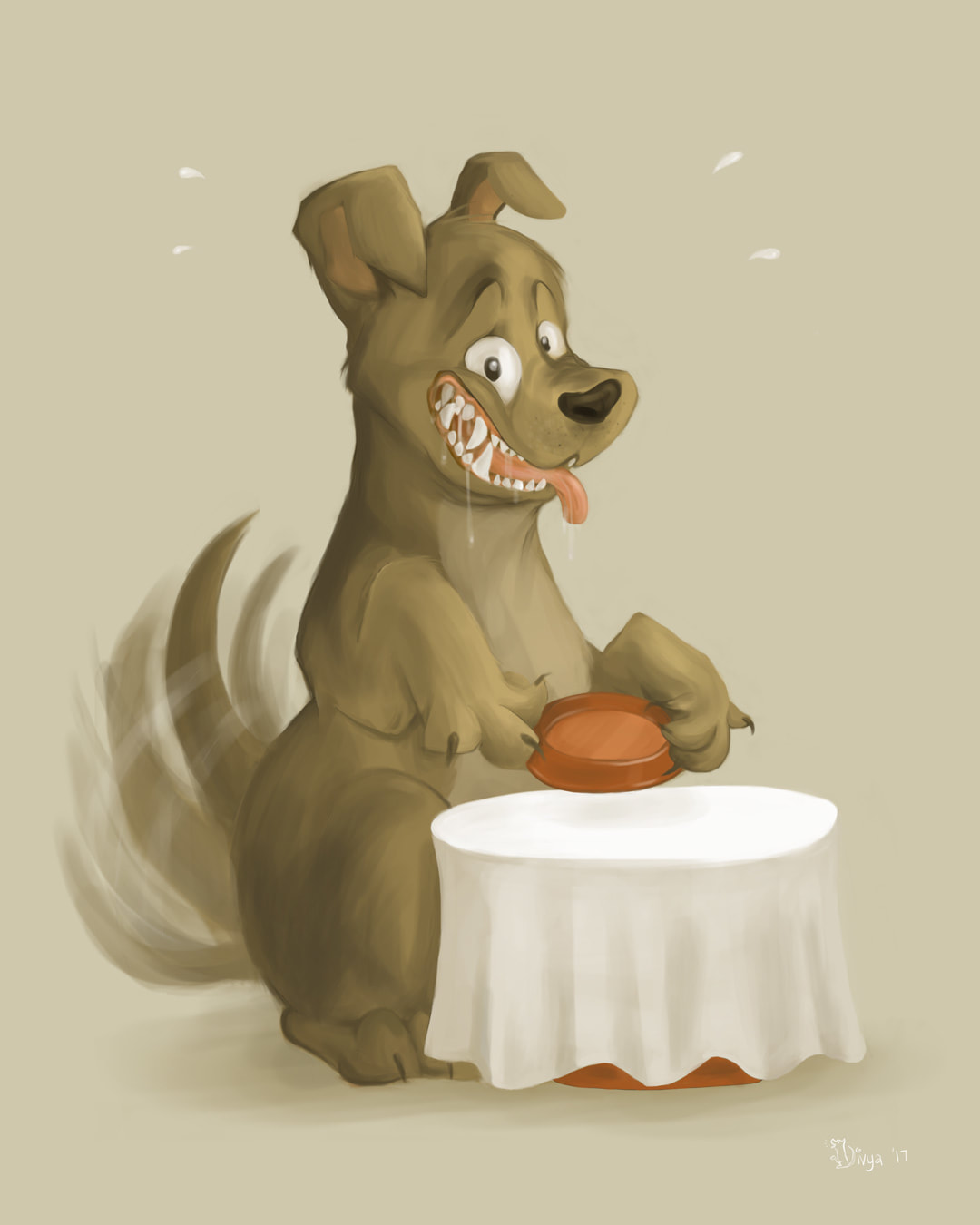 A Dog holding out its bowl salivating in a Pavlovian Response to meal time. Digital illustration by Divya George.