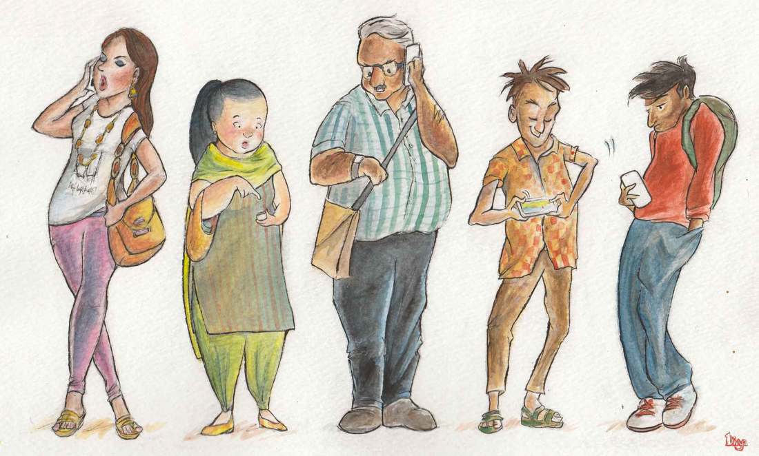 People on their Phones. Watercolour Illustration.