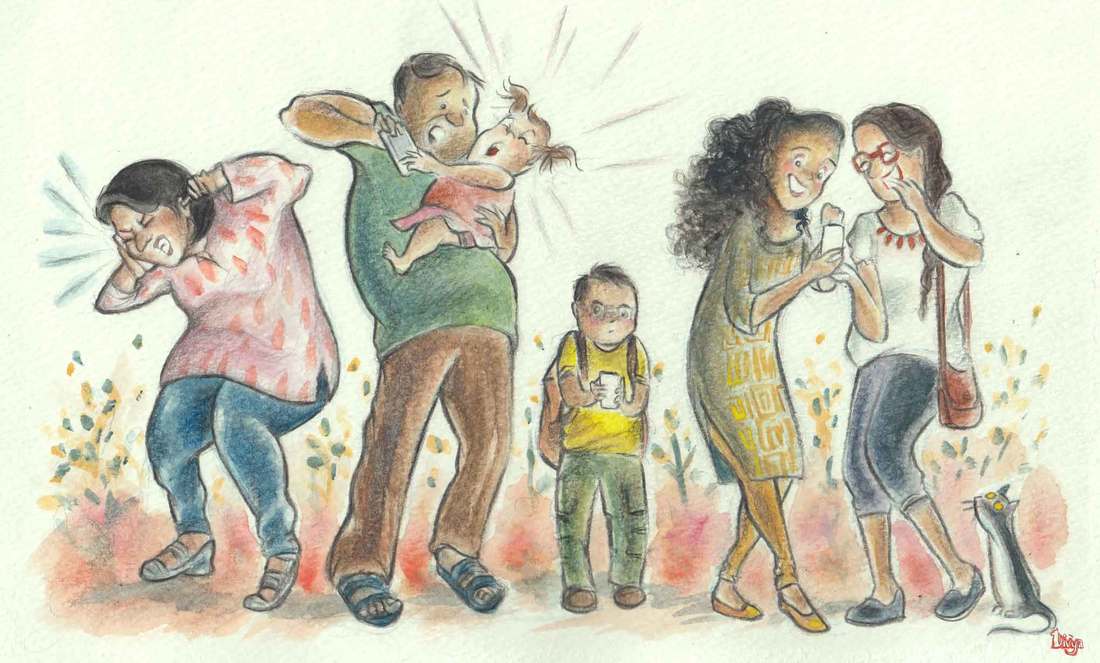 Various People on their Phones. Watercolour and Colour Pencil Illustration.