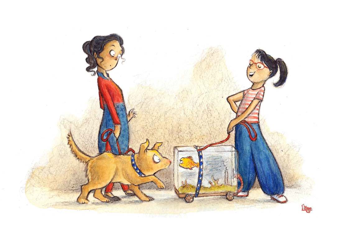 A girl shows off her pet fish in its tank on a leash to the surprise of another girl and her pet dog. Fun watercolour animal illustration by Divya George.