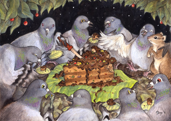 A group of pigeons and a squirrel enjoy a meal in harmony. Watercolour illustration by Divya George