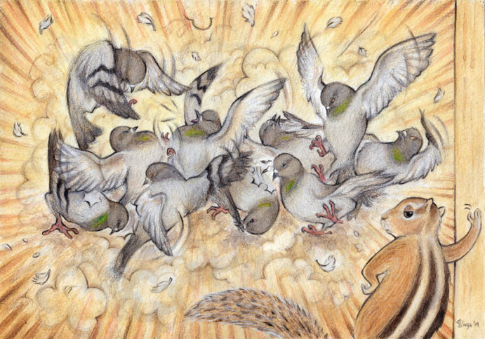 Pigeons fighting as a squirrel looks on. Fun animal illustration by Divya George