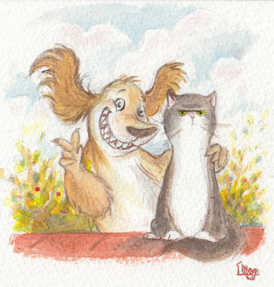 Dog and Cat posing for a photo. Watercolour Illustration.