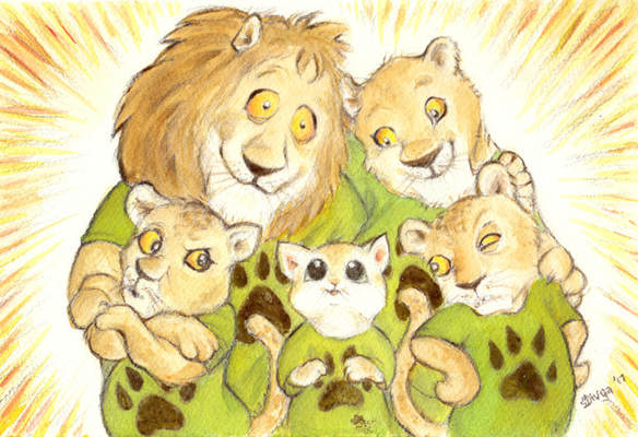A Cat is in the Lion family, the Cubs are suspicious. Watercolour illustration by Divya George.