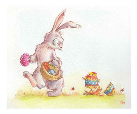 A Chick hatching out of an Easter egg as the Easter Bunny looks on. Fun watercolour animal illustration by Divya George.