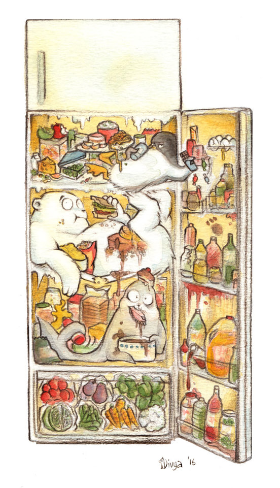 A penguin, a polar bear and a seal are in the fridge. Fun animal illustration by Divya George.