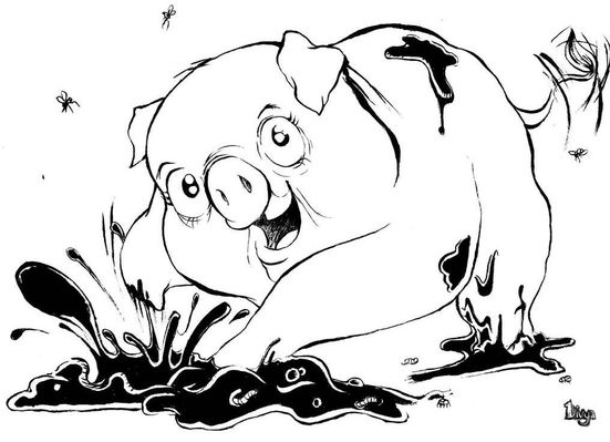Pig Playing in Mud. Ink illustration. 