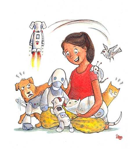 Dog and cat envious of robot pets. Fun Animal Watercolour illustration by Divya George.