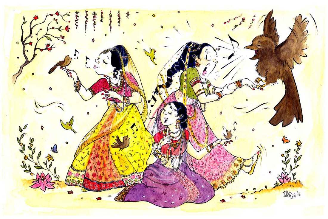 Three princesses are singing to the birds but one bird seems larger than usual. Fun illustration by Divya George.