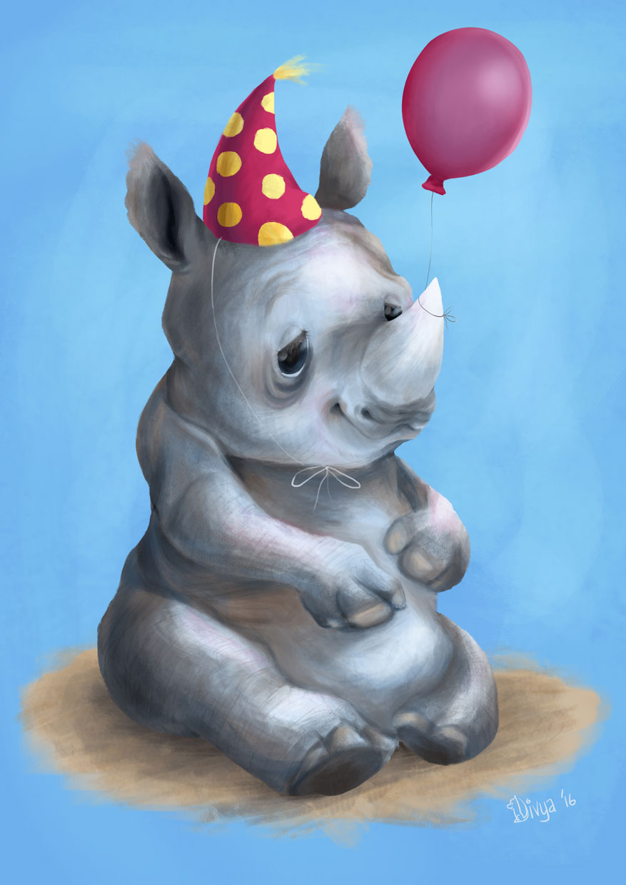 Digital art. Baby Rhino with balloon and party cap. By Divya George.