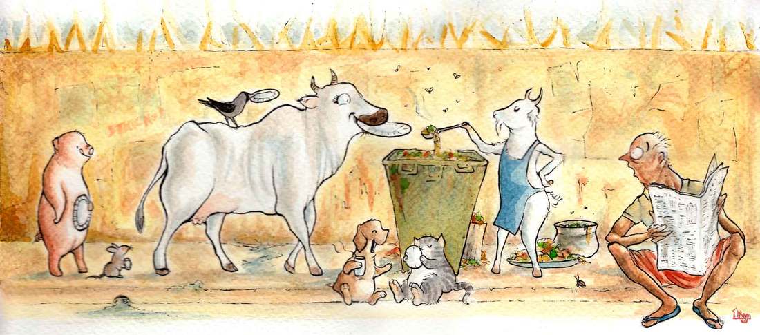 Animals eating out of a garbage can converted to an eatery. Fun Animal Watercolour illustration by Divya George.
