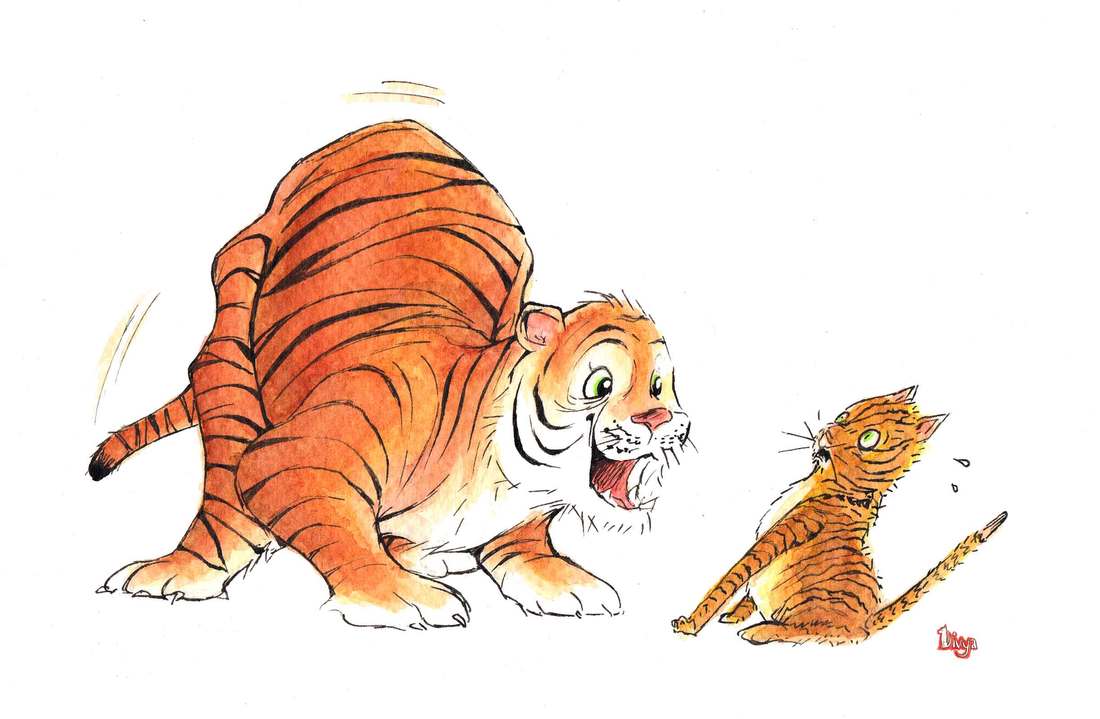 Scaredy cat and tiger. Fun watercolour animal illustration by Divya George.