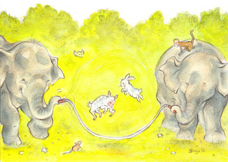 A lamb and bunny skip with the jump rope held by two elephants. Watercolour illustration by Divya George.