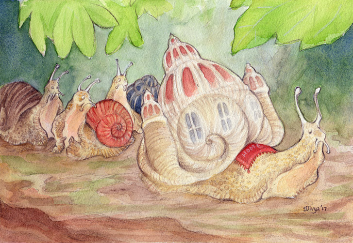 A Snail with a grand house on its shell makes all the other snails jealous. Watercolour illustration by Divya George.