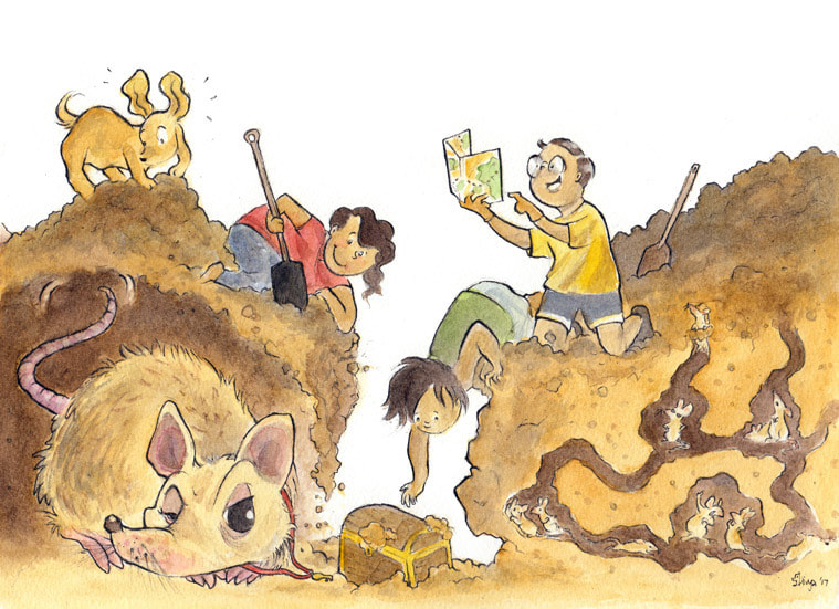 A bunch of kids and a dog are digging for a treasure chest but the rats underground don't seem to be happy. Watercolour illustration by Divya George.
