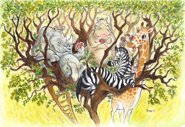 A rhino, hippo, zebra and a giraffe along with a bird play a game of cards on the top of a tree.