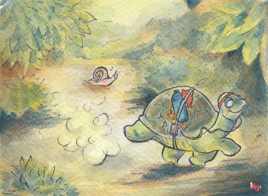 A turtle jogging and overtaking a snail. Watercolour illustration.