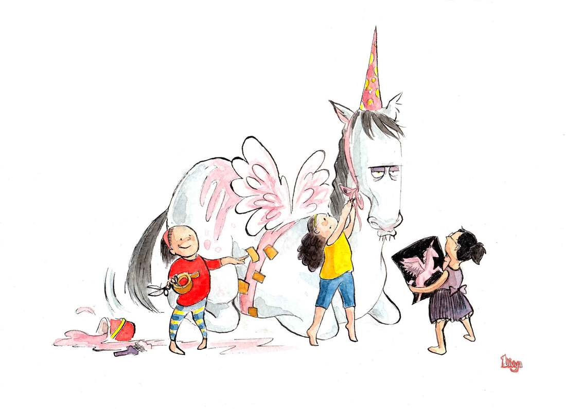 Three little girls are dressing up a horse as a unicorn. Fun animal illustration by Divya George. Watercolour.
