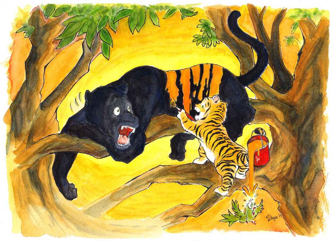 A Cub paints orange stripes on a Black Panther so that it will look like her. Paint spills on a parrot. Watercolour illustration by Divya George.