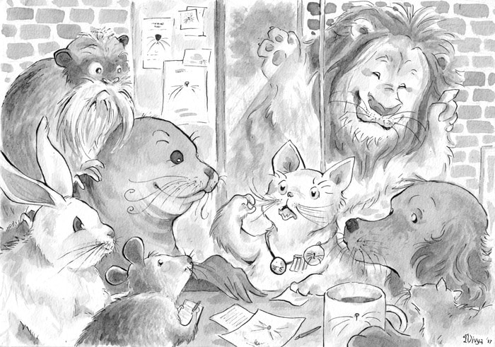 At a club for animals with whiskers, a lion wants to join in. Ink illustration by Divya George.
