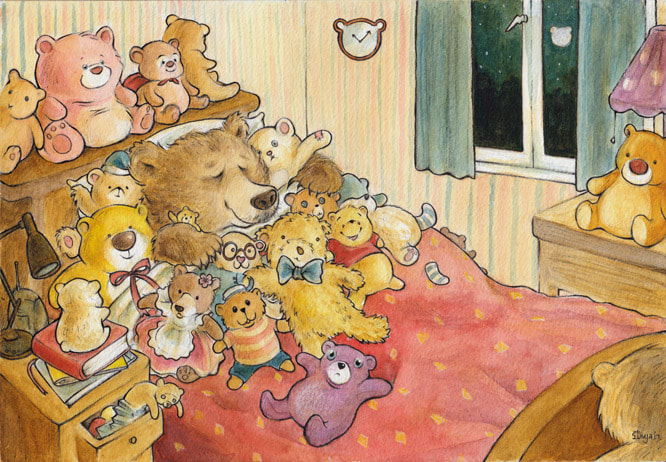 A bear sleeps on his bed filled with teddy bears. Watercolour illustration by Divya George.