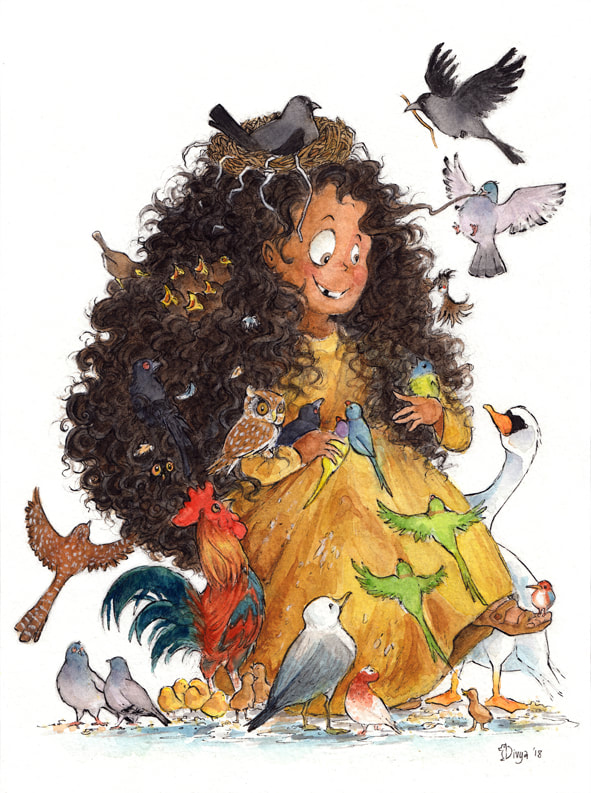 A woman with lots of different birds around her. Fun bird watercolour illustration by Divya George.