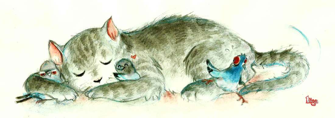 Sleeping Cat with three Pigeons, one is trying to get away. Fun Watercolour Animal Illustration by Divya George.