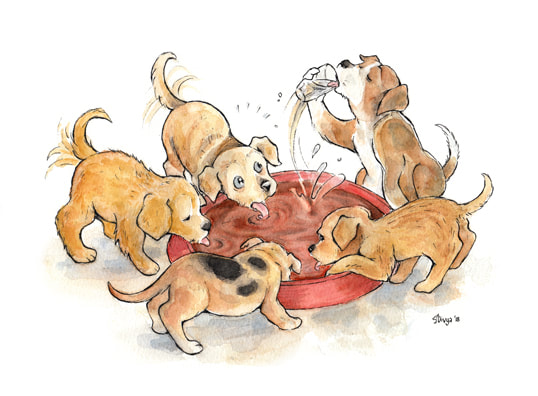 Five puppies drink water from a bowl, but one of them prefers to use a glass. Fun animal watercolour illustration by Divya George