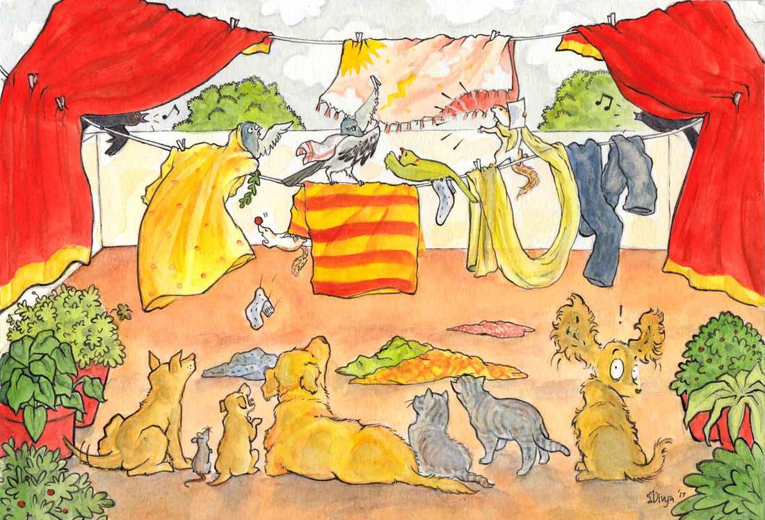 Animals watch birds and squirrels perform a play on the clothesline. A dog realizes   we are watching. Watercolour illustration by Divya George.